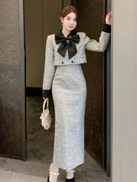 French Small Fragrance Tweed 2 Piece Sets Women Outfit Bow Jacket Coat Long Skirt Two Set Conjuntos Femininos Elegantes 240425