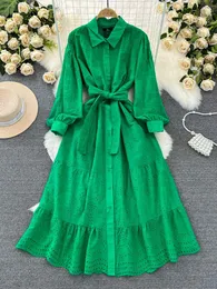 Casual Dresses Aibeautyer Vintage Spring Autumn Solid Slim Full Lady Dress A Line TurnDown Collar Chiffon Pullover Mid-Calf Women