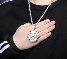Iced Out Lion Head Pendant Necklace for Men Hip Hop Luxury Designer Mens Bling Diamond Cartoon Pendants Gold Tennis Chain N9840696
