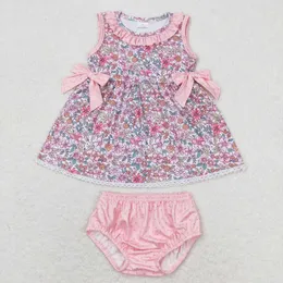 GBO0313 Summer Boutique Toddler Baby Girls Clothes Floral Pink Lace Bow Bow String Wholesale for Sets 240426