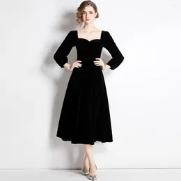 Casual klänningar franska retro hepburn stil svart sammet klänning romantisk lady midi mante noir vestido neger kvinna vintage vicotrian