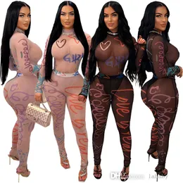 Womens Jumpsuit Playsuit Sexy Perspective Mesh Bodysuit 2024 Summer New Fashion Printed Long Sleeves Tights Tops Long Pants Onepiece Jumpsuits For Women