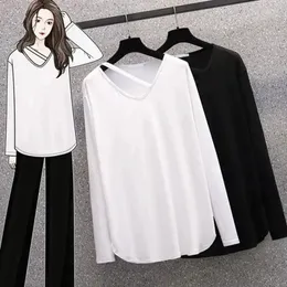 Camicie da donna più taglia 5xl da 150 kg T-shirt autunnale Donna Corea sciolta camicia solida da donna Casual Top Top Thirt White Black Long Sleeve Tshirt