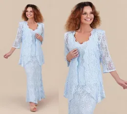 2019 Light Sky Blue Lace Mother of the Bride Dresses with Long Sleeves Jacket