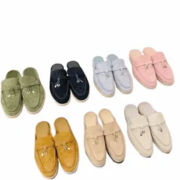 summer Walk Charms embellished suede slippers Macaro Luxe Mules sandal Genuine leather casual slip flats shoes women Luxury Designers slides fact i3G9#