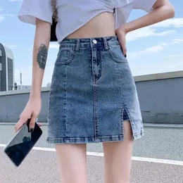 Korean High Waisted Denim Short Skirt Women Summer Sexy Tight Bag Hip Skirts Woman A-line Pants With Slit 240424