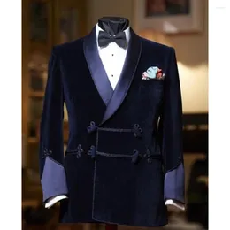 Mäns kostymer Navy Blue Velvet Flat Loose Blazer Purple Shawl Lpel Double Breasted Smoking Coat 1 Piece Daily Outfits Skräddare Högkvalitativ 2024
