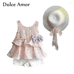 의류 세트 Dulce Amor Girls 옷 세트 2024 여름 아이 드레스 선 드레스 모자 3pcs 민소매 인쇄 꽃 주름 반바지