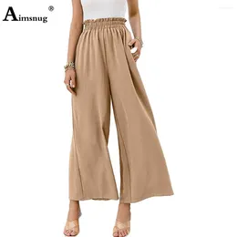 Calça feminina de alta perna larga perna larga 2024 khaki linho calça elástica de cintura de bolso casual fêmea solta fêmea no tornozelo