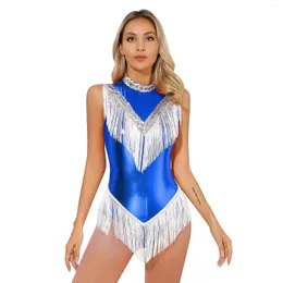 Wear Wear Women Latin Dance Leotard senza maniche METALLIC SHINY SHINY TASSEL BODUSIT