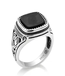 925 Sterling Silver Männer Ring mit Suqare Natural Black Stone geschnitztes Design Thai Silber Ring für Frauen Männer Turkischer Schmuck3558746