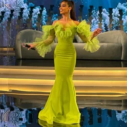 Elegant Long Sleeve Crepe Green Evening Dresses with Organza Ruffles Mermaid Muslim Sweetheart Sweep Train Zipper Back Prom Dresses Party Dresses for Women