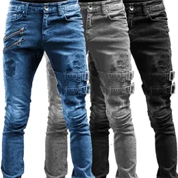 Erkekler ince bisikletçiye yırtık uzun denim pantolonlar skinny jeans cep yan kayışları ve fermuarlar erkek koşu pantolonları yok etti esnek 240420