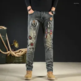 Men's Jeans Male Cowboy Pants Trousers Punk Embroidery Motorcycle For Men Washed Y2k Streetwear Kpop Clothes 2000s High Quality Summer