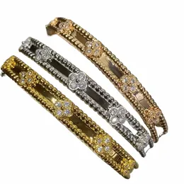 designer Bangle Brand Bracelets for Women Gold Plated Full Crystal Four Leaf Perlee Sweet Clover Fr Cuff Valentine Party O5bX#