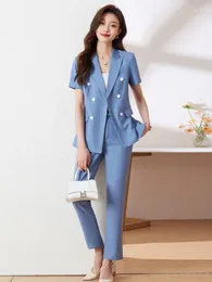 Pontas de duas peças femininas conjuntos de mulheres superam 2024 Office Ladies Button Single Turn Down Blazers Solid Casual Pant Suits S-4xl