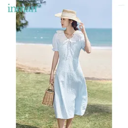 فساتين الحفلات Inman Women Dress 2024 Summer Puff Sleeve Hollow Lace V-Neck A على شكل حرف A Slim Percy Flug