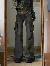 Kvinnors jeans tvättade tredimensionell ficka låg midja blossade overaller för kvinnor mode gata stil vintage y2k byxor