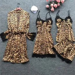 Леопардовый принт сексуальные женщины, пижама, атласная одежда для сна Пижама шелк домашний износ вышивка, вышивая, пижама пижама ночная одежда 240415
