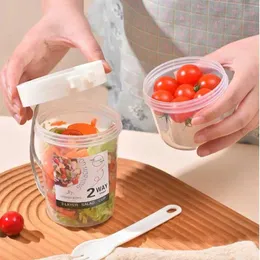 벤토 박스 1pc 아침 식사 과일 귀리 요거트 샐러드 뚜껑이있는 뚜껑과 숟가락 2 층 음식 저장 벤토 박스 피트니스 지방 감소 테이퍼 보울 컵