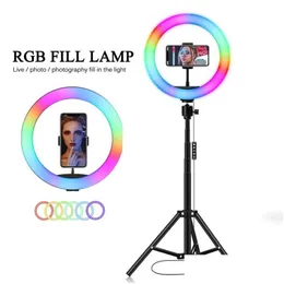 Mobiltelefonfotografitillbehör ljus selfie ring ljus 10 tum rgb p ografi ledkant med mobil hållare stöd stativ s dhuyi