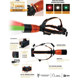 مصابيح أمامية Foxpro Foxlamp للصيد 3 اختيارات ألوان LED أبيض وخضراء - مصباح أمامي خفيف الوزن وقابل للتعديل ودائم للصيد الليلي والخارجي