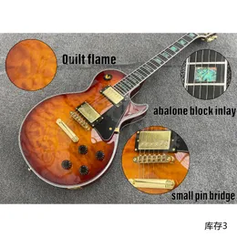 Stocking! Electric Guitar Tobacco Burst Quilt Flame Top Gold Parti in oro Small Pin Ponte Abalone Block Inlay Fret Nobs No Scatta