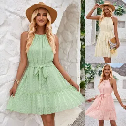 Summer Vacation Style Women's Clothing 2024 Summer New Solid Color Casual Neck Hanging Sleeveless Waist Tied Dress F42953