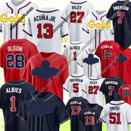 골드 13 Ronald Acuna Jr. Jerseys 28 Matt Olson 1 Ozzie Albies 7 Dansby Swanson Baseball Jersey 27 Austin Riley Will Smith Jorge Soler Tyler Matzek Eddie Rosario Heredia