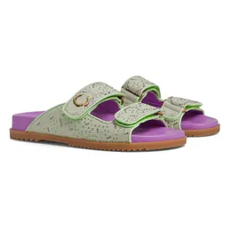 디자이너 샌들 실드 신발 여성용 플랫 힐 슬리퍼 플랫 Sandale Crystal Straw Flat Sandals 마술 스트랩 디자인 써니 해변 편안한 슬리퍼 더블 스트랩