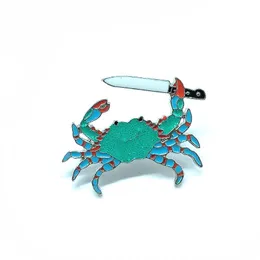 Cute Glitter Sea Animal Badge Pin Green Crab Holding Knife Metal Enamel Brooch Unique Trendy Costume Backpack Jewelry Gifts