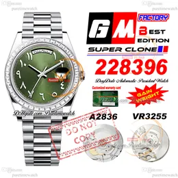 228396 Daydate A2836 VR3255自動メンズウォッチGMF V3 Meteoriate Baguette Diamond Bezel Green Arabic Dial 904L Steel Bracelet Super Edition Gain Weight Puretime