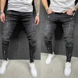 Mäns jeans Slim Fit Ripped Fashion Paint Hip Hop Man Denim Street Style Youth Trousers Stretch Hole Patchwork Pants