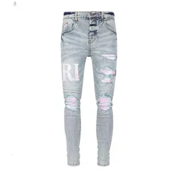 24SS Purple Jeans Mens Fashion Jean 2024 Demin вымыл старую поврежденную боковую вышивку.