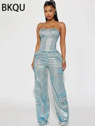 Bkqu Metallic proste szerokopasmowe dżinsy Kobiety duże kieszeń wysokiej talii luźne luźne spodnie ładunkowe amerykańskie y2k duże dżinsowe spodnie 240423