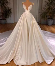 فستان زفاف الأميرة A-Line 2024 V-الرقبة الأشرطة البلورات ساتان ساتان العفن الرسمي العروس فيديسدوس دي نوفيا روب دي ماري