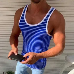 Erkek tank üstleri vintage çizgili tank üstleri erkekler vücut geliştirme yeleği yelek yumuşak kumaş o boyun eğik yelek erkek spor giyim camisetas t240428