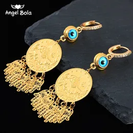 Brincos de moedas de Omã Arábico Muslim Muslim Gold Crystal Circle Drop Surings Mulheres Religiosas Islã Islâmico Hamsa Jóias de mão 240410