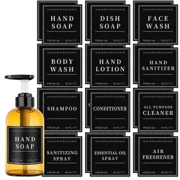 Conjunto 12pcs shampoo e dispensador de condicionador adesivos de etiqueta garrafas rótulos à prova d'água Rótulos de limpeza removíveis do banheiro