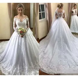 Lange 2020 Ärmeln Ballkleid bloße Kleider Scoop Hals Spitze Applique sexy Illusion Rücken Kapelle Zug Custom Hochzeitskleid