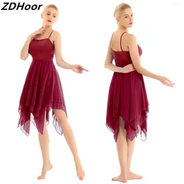 Vestido de dança de chiffon para feminino para feminino adulto espaguete com cinta sem mangas com cor sólida de cor sólida contemporânea