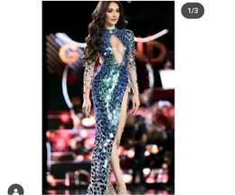 Sukienka wieczorowa Kylie Jenner Long Sukienka Long Rleeve High Neck Applique Blue Crystalsyousef Aljasmi Kim Kardashian Women Cloth Kylie Jenner Kendal Jenner