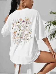 Camiseta feminina Belo cluster de flores de algodão estampado Camiseta feminina casual respirável macio de manga curta solta e confortável Rua Clothingl24029