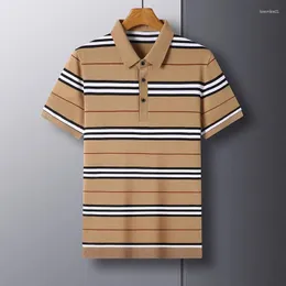 Herrpolos avancerad lyxig silke stickad polo skjorta 2024sommar lapel rand halv ärm solid andningsbar t-shirt affärsmänkläder