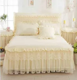 Beige Princess Lace Bedspread Bed Skirt 3pcsset Ruffles bed bed sheet cotton pillowcase home twinqueenking size8608551