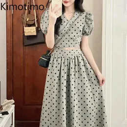 Vestidos de trabalho Kimotimo Vintage Polla Polka Dot 2 Peças Sets Women Puff Sleeve Lace Up Waist Tops curtos Saias de linha A-line Moda de verão