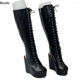 Stivali Rontic Famiglie fatte a mano primaverile Spicco di cune in pelle sintetica per le piede di punta classiche scarpe da abito nero Ladies US US Size 5-20