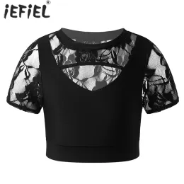 Studio Kids Girl Short Sleeve Hollow Embroidered Lace Patchwork Crop Top Sports Tanks Fiess Gym Ballet Tops Stage Performance Costume