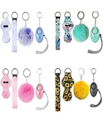 4 piece t Fashion Defense Keychains Set Pompom Alarm Keychain Lipstick Holder And Wristband For Woman Men Selfdefense Keyring2105160