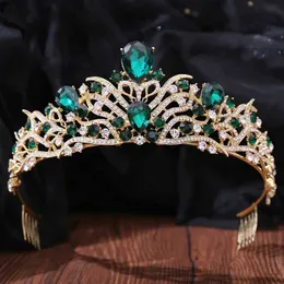 Tiaras Baroque Luxury Queen Green Green Crystal Crown Bride Tiara Wedding New Women Korean Princess Headpiece Hair Jewelry 액세서리